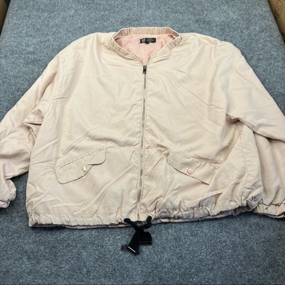 Zara TRF Bomber Jacket Womens L Beige Full Zip‎ Snap Pockets Drawstring Hem